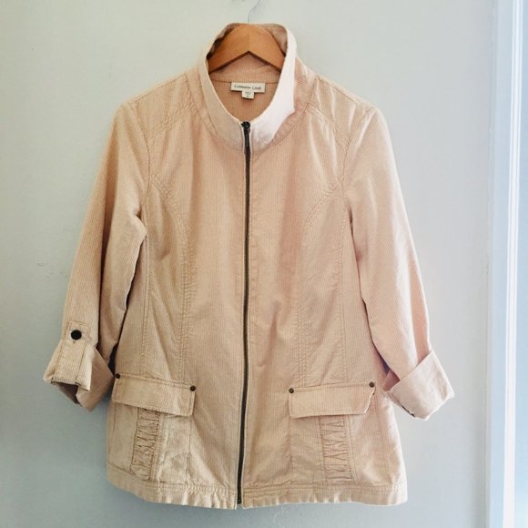 Coldwater Creek Tan/Cream Stripe Zip Up Cargo Lightweight Cotton Jacket Size 12 - Picture 2 of 6